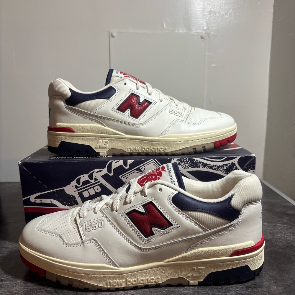 NB Size 12 X Aimé Leon Dore Men's 550 Cream and Red Sneakers